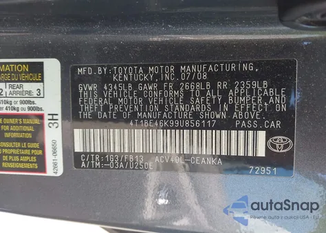 2009 Toyota Camry Le from USA, damaged, VIN 4T1BE46K99U856117